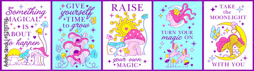 Vivid Alchemy devine boho spring prints and posters. Retro vibrant Mystery graphics with witch, fairy stars, moon, sun, mushrooms, mystical hands. Spring creatures and blooming florals