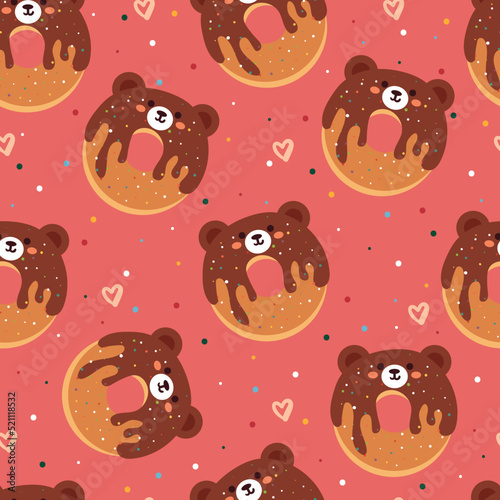seamless pattern cartoon chocolate doughnut bear in pink background. cute food wallpaper for kids, gift wrap paper