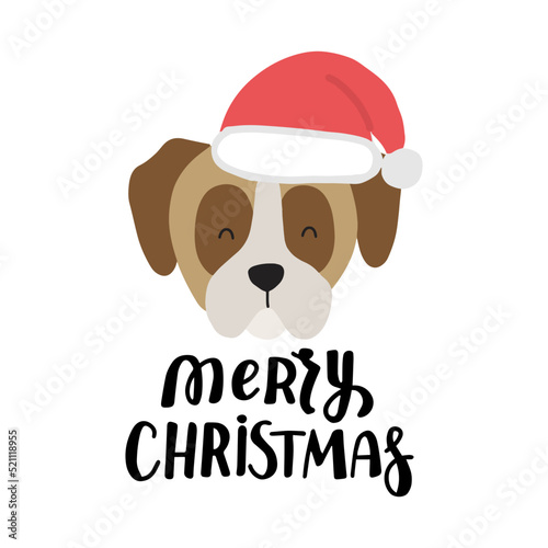 Christmas puppy boxer dog. Cute cartoon illustration with dog lovers quote. We woof you a Merry Christmas. Holidays design elment for greeting cards, stickers, t shirt, poster.