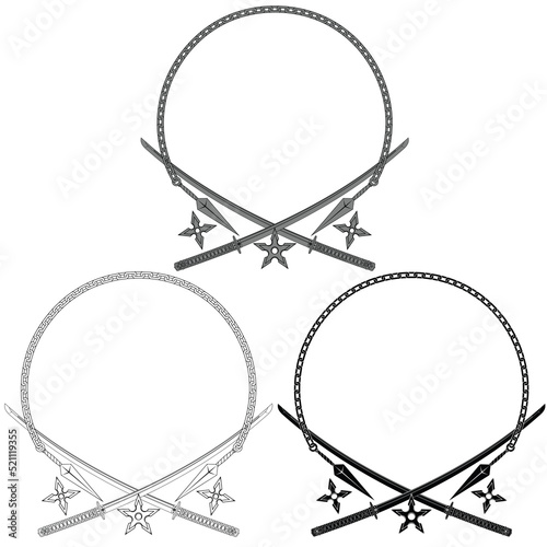 Vector Design of Japanese Ninja Assassin Weapons, Katana Shuriken and Kunai with Chain