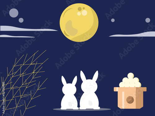 月見をするうさぎ 夜空 満月と月見団子 背景 ベクターイラスト