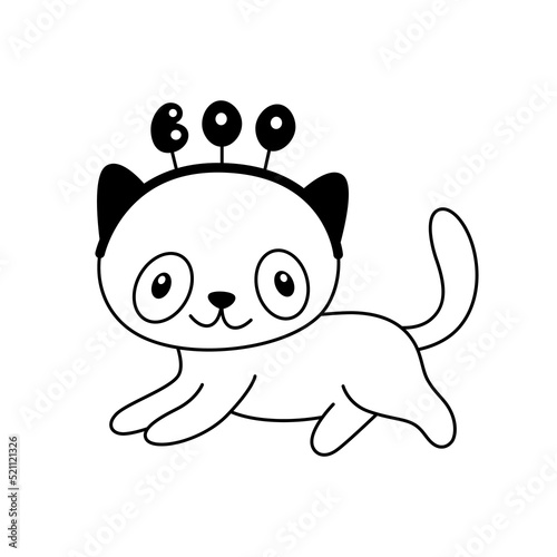 Vector cute halloween cat lies with headband and word Boo. Cartoon spooky kitten clipart for childish design.Outline.Sketch.Isolated on white background.