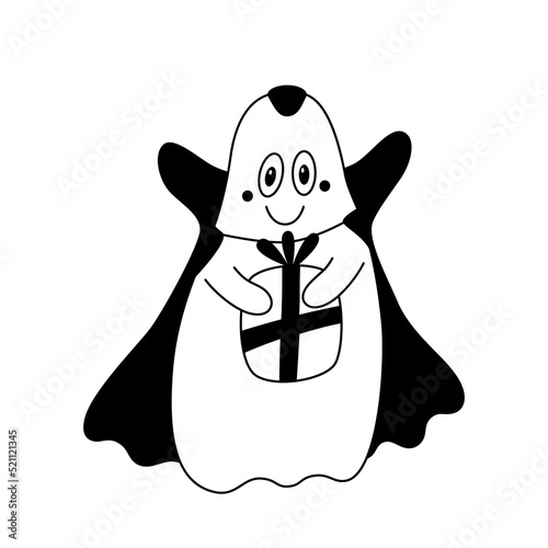 Cartoon ghost in a dracula costume with gift in hands.Doodle style.Cute halloween childish clipart.Outline.Isolated on white background.