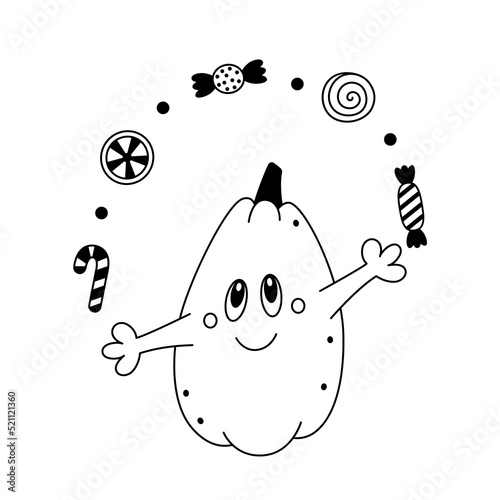 Vector doodle cartoon pumpkin juggles sweets.Childish festive cute halloween design element.Outline.Isolated on white background.