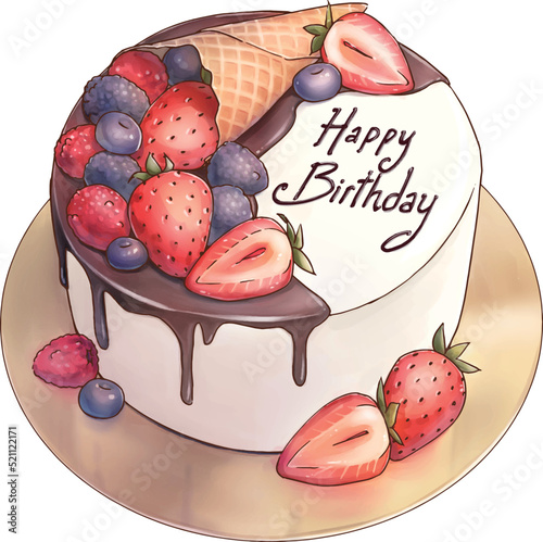 Birthday cake with berries and chocolate sauce