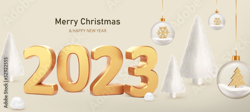 Happy New Year 2023. Numbers 2023 with fur balls and white fur Christmas trees on beige background. Trendy Xmas background with glass balls, glitter golden confetti. Realistic vector illustration