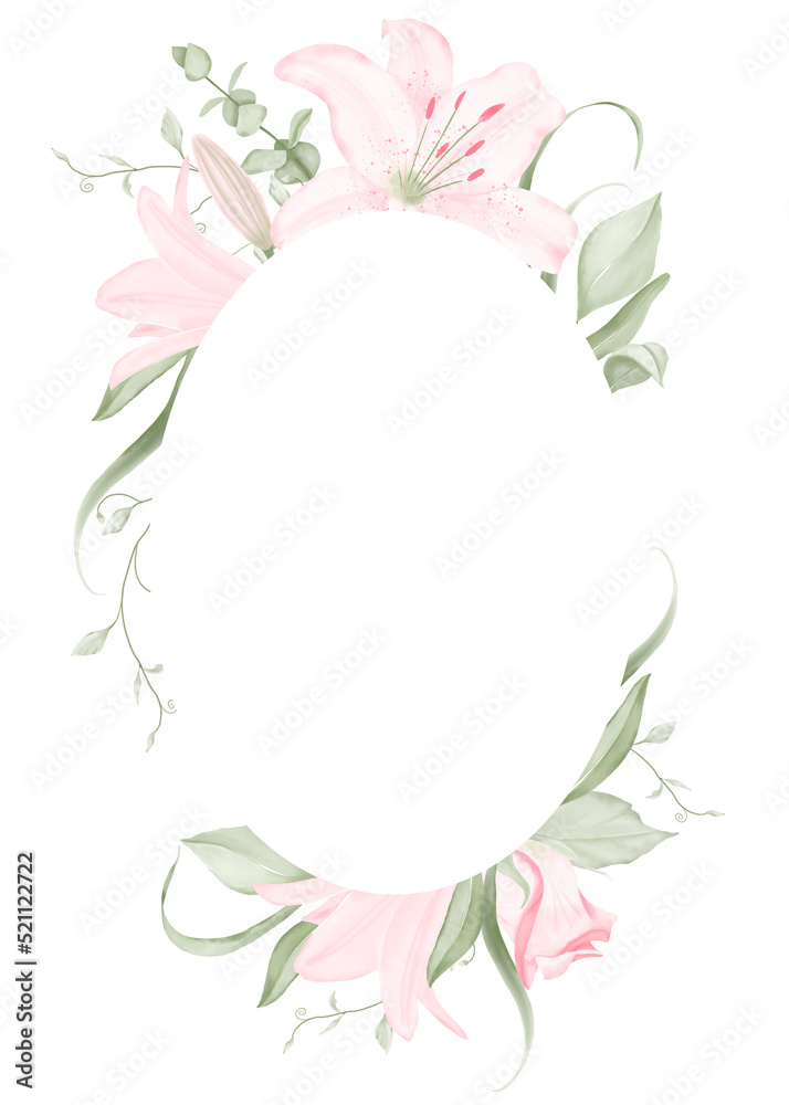 custom made wallpaper toronto digitalWatercolor floral oval frame with pale pink lilies and light green foliage on a white background, hand-drawn. For wedding invitation, textile, wallpapers, greeting card, scrapbooking, wrapping.