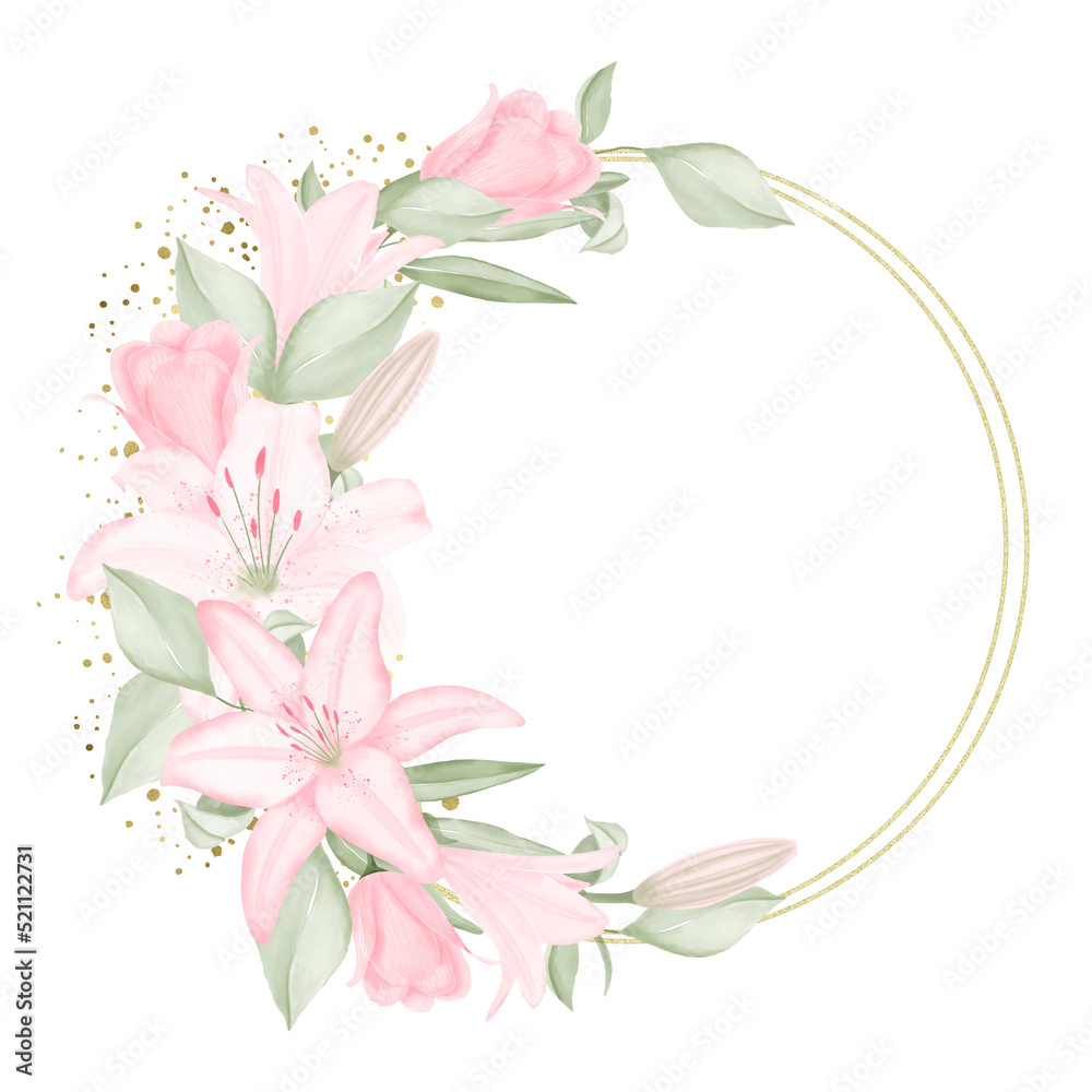 Watercolor floral wreath with pale pink lilies and geometric gold element isolated on a white background, hand-drawn. For wedding invitation, textile, greeting card, sublimation design, wrapping.