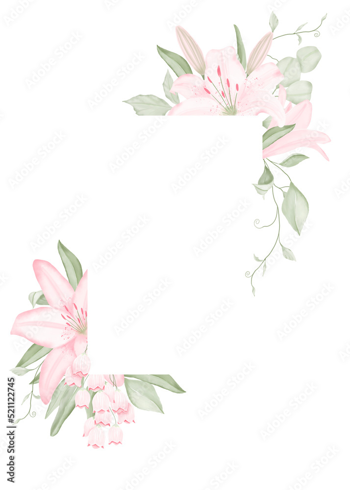 Watercolor floral rectangular frame with pale pink lilies and light green foliage on a white background, hand-drawn. For wedding invitation, textile, wallpapers, greeting card, scrapbooking, wrapping.