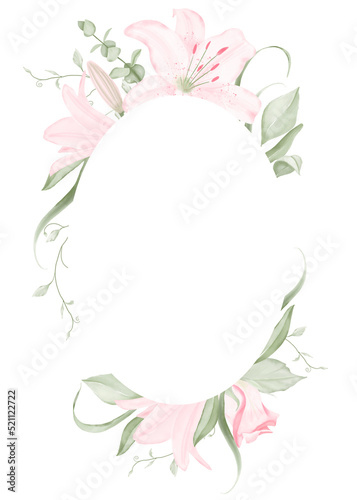 Watercolor floral oval frame with pale pink lilies and light green foliage on a white background  hand-drawn. For wedding invitation  textile  wallpapers  greeting card  scrapbooking  wrapping.
