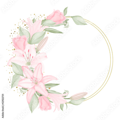 Watercolor floral wreath with pale pink lilies and geometric gold element isolated on a white background  hand-drawn. For wedding invitation  textile  greeting card  sublimation design  wrapping.