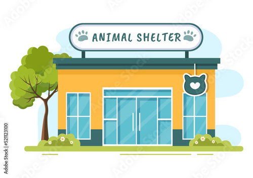 Animal Shelter House Cartoon Illustration Containing Animals for Adoption In Flat Hand Drawn Style Design