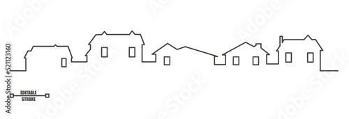 Neighbourhood houses outline panoramic landscape. Continuous one line buildings drawing silhouette. Minimalistic vector illustration.