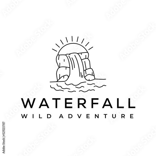 waterfall sun rock line art logo vector minimalist illustration design, nature waterfall logo design