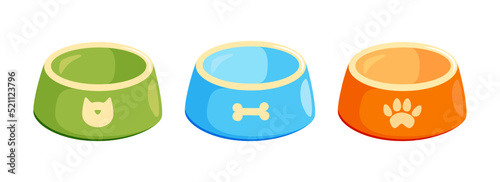 Pet bowl set. Empty bowls for cat or dog for kibbles and water. Vector illustration in cute cartoon style