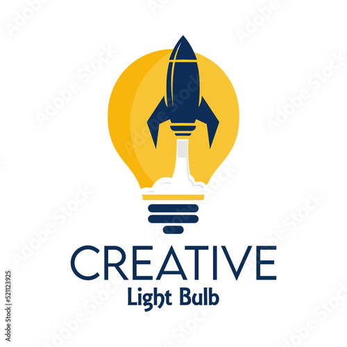Creative tech logo design idea with light bulb and rocket