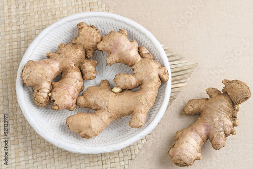 Fresh ginger (Zingiber officinale) or Jahe, a plant whose rhizomes are often used as spices and raw materials for traditional medicine. Predominantly spicy taste.