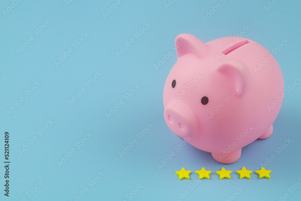 Pink piggy bank with five stars rating on blue background, copy space for text. Ranking financial organizations concept.