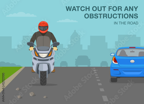 Safe motorcycle riding rules and tips. Watch out for any obstructions in the road. Close-up front view of a biker on city road with gravel. Flat vector illustration template.