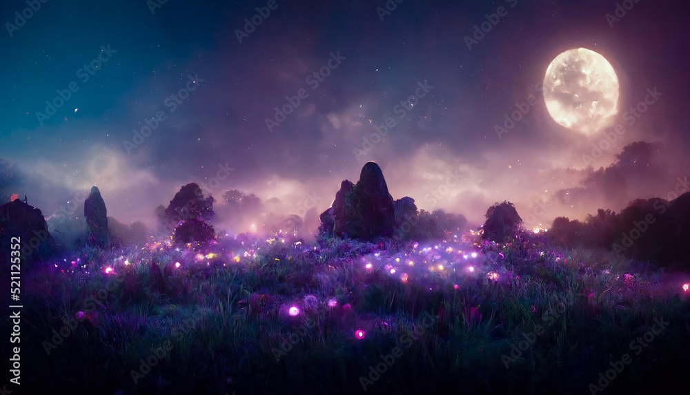 Night magical fantasy forest. Forest landscape, neon, magical lights in ...