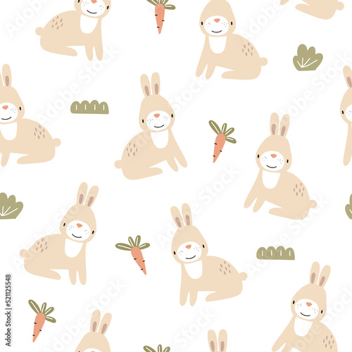 Seamless pattern with cute hares and carrots on a white background. Vector illustration for your design
