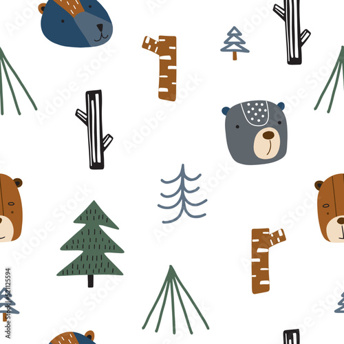 Seamless pattern with cute bears in the forest. Vector illustration isolated on white background for children's and textile decoration
