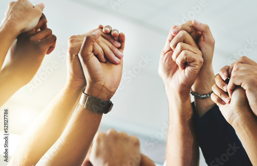 Canvas Print Teamwork, community and support with fists of power, protest hands joined together solidarity