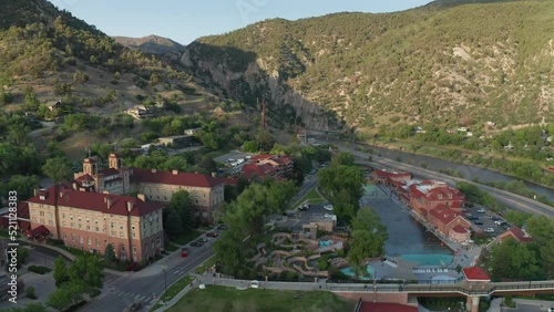 Aerial approach of the Hotel Colorado and the hot Springs pool in Glenwood Springs photo