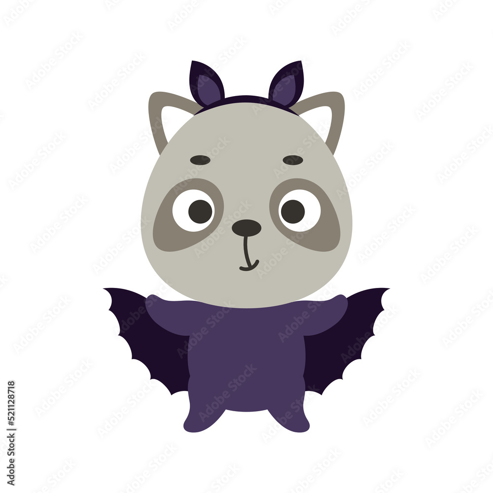 Cute little Halloween raccoon in a bat costume. Cartoon animal character for kids t-shirts, nursery decoration, baby shower, greeting card, invitation, house interior. Vector stock illustration Cute little Halloween raccoon in a bat costume. Cartoon animal character for kids t-shirts, nursery decoration, baby shower, greeting card, invitation, house interior. Vector stock illustration
