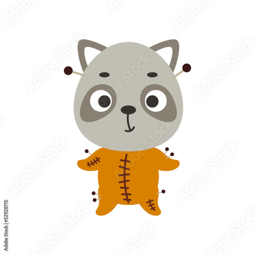 Cute little Halloween raccoon in a voodoo costume. Cartoon animal character for kids t-shirts, nursery decoration, baby shower, greeting card, invitation, house interior. Vector stock illustration