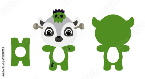 Cute die cut Halloween lemur chocolate egg holder template. Cartoon animal character in a monster costume. Retail paper box for the easter egg. Printable color scheme. Vector stock illustration
