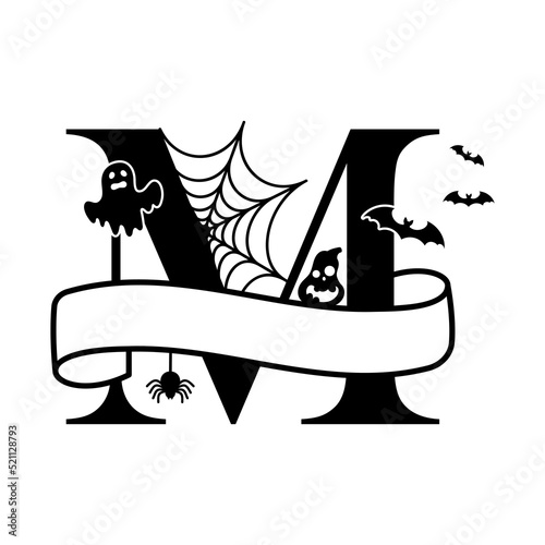 Cute Halloween letter M split monogram. Cartoon ghost, pumpkin, bat for kids t-shirt, nursery decoration, baby shower, greeting card, invitation, scrapbooking, home decor. Vector stock illustration.