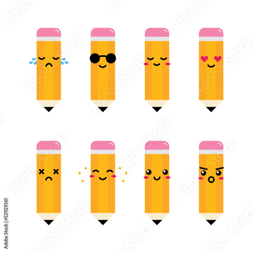 Set, collection, pack of pencil emoji, vector cartoon style icons of pencils with erasers characters with different facial expressions, happy, sad, shining, joyful.