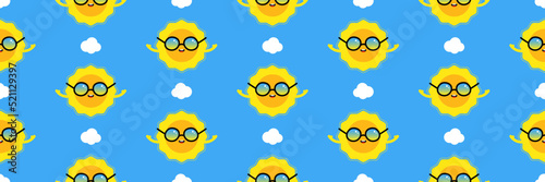 Wide horizontal vector seamless pattern background with happy cartoon style sun characters in sunglasses and clouds for weather  summer  nature design. 