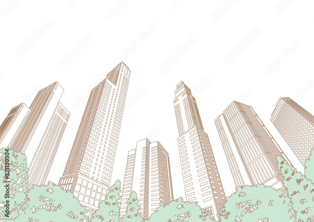 Obraz premium 高層ビルが立ち並ぶ都市景観のイラスト.