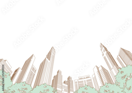 高層ビルが立ち並ぶ都市景観のイラスト.