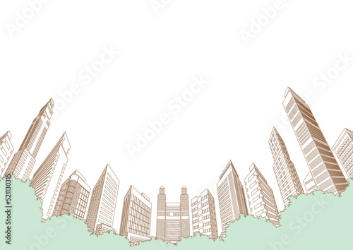高層ビルが立ち並ぶ都市景観のイラスト.