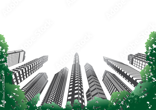 高層ビルが立ち並ぶ都市景観のイラスト.