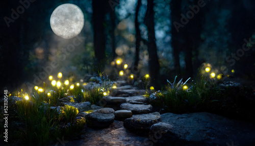 Night magical fantasy forest. Forest landscape, neon, magical lights in the forest. Fairy-tale atmosphere, fog in the forest, silhouettes of trees. 3D illustration.