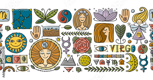 Virgo Zodiac Sign. Seamless pattern with design elements