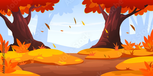 Autumn forest landscape with orange trees and grass, dirt road or sand glade. Vector cartoon illustration of fall nature tranquil scene, yellow and red leaves falling with wind,