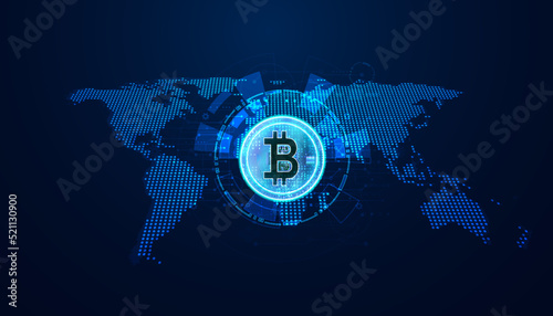 Abstract Bitcoin Digital Futuristic Modern Background Concept Digital Map Background Dot Blue Currency Cryptocurrency Defi Cashless Finance No Intermediaries