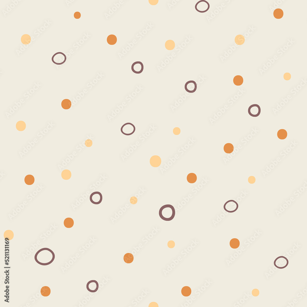 Seamless pattern with polka dots and circles texture in warm colors on a beige background.