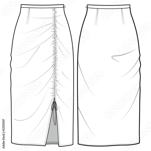 Women Below Knee Length Side Gathered Drawstring Skirt Front and Back View fashion illustration vector, CAD, technical drawing, flat drawing.