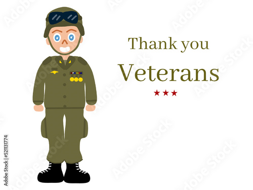 Illustration design cartoon of a soldier and text thanks you veterans isolated on white background concept  veterans day