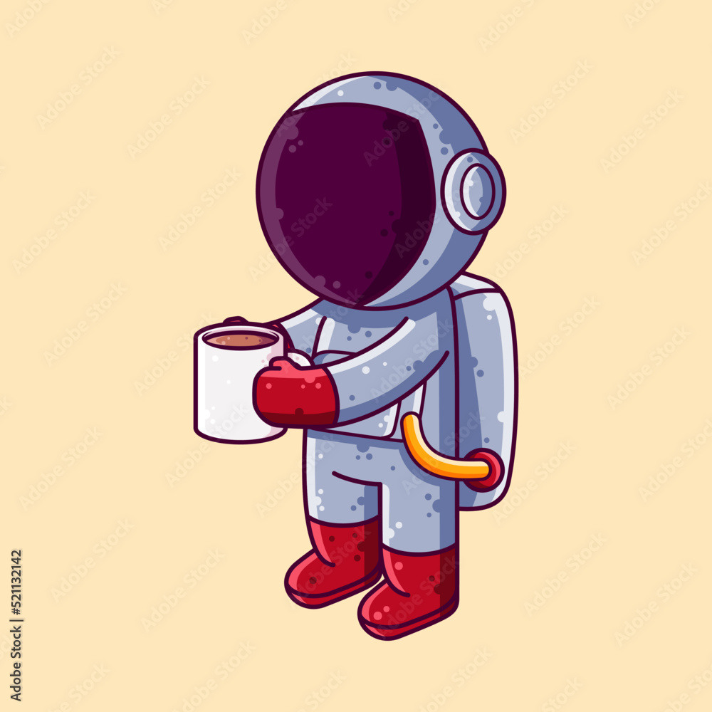 Cute Astronaut Drinking Coffee Cartoon Vector Illustration. Cartoon Style Icon or Mascot Character Vector.