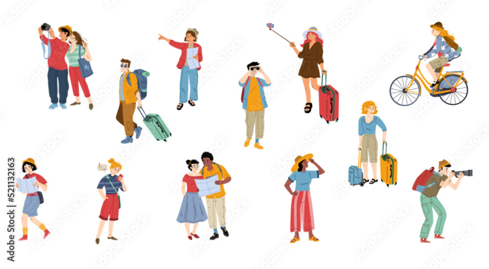 Tourists go sightseeing and take photos in travel. People with phones and maps, walk or riding bike in vacation trip. Friends, couples in journey tour Line art flat vector illustration, isolated set