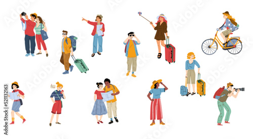 Tourists go sightseeing and take photos in travel. People with phones and maps, walk or riding bike in vacation trip. Friends, couples in journey tour Line art flat vector illustration, isolated set © klyaksun