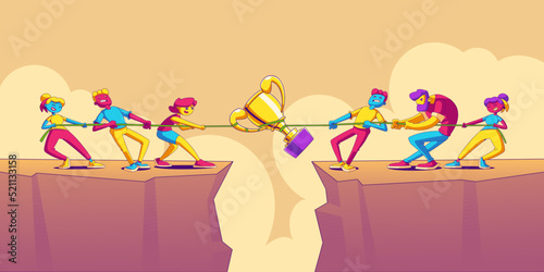Tug of war competition contemporary cartoon. Vector illustration of rival teams pulling rope, working hard, fighting for trophy tied over rocky cliff. People on top of mountain playing risky game