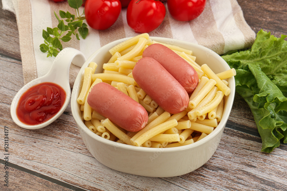 Mini sausages with pasta macheroni Mini sausages with pasta macheroni